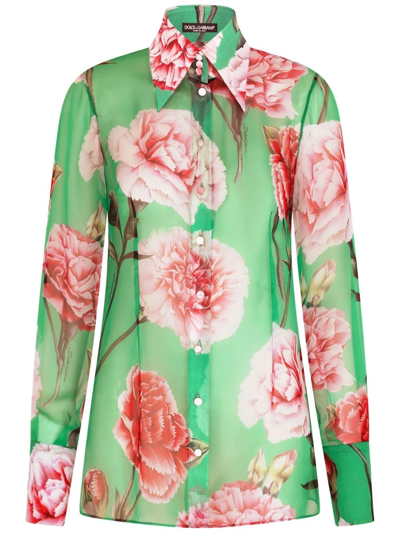 Shop Dolce & Gabbana Floral-print Silk Georgette Shirt In Green