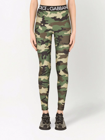 Shop Dolce & Gabbana Logo-waistband Camouflage-print Leggings In Green