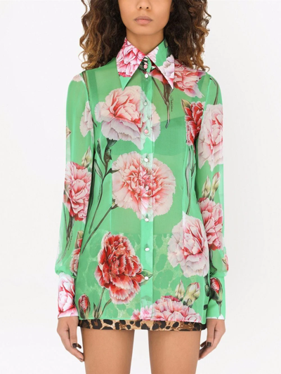 Shop Dolce & Gabbana Floral-print Silk Georgette Shirt In Green