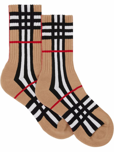 Shop Burberry Check Intarsia Technical Stretch-cotton Socks In Brown