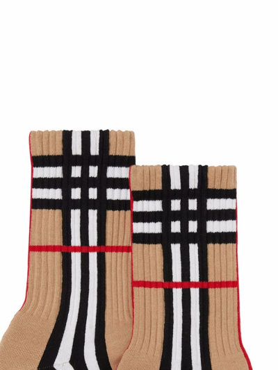 Shop Burberry Check Intarsia Technical Stretch-cotton Socks In Brown