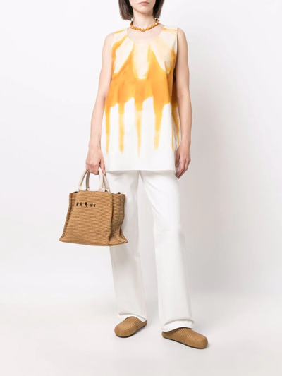 Marni Raffia-effect Canvas Small Tote Bag In Brown