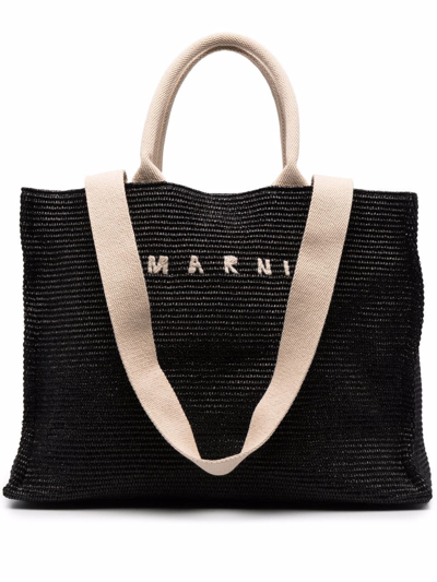 Marni Large Raffia Effect Tote Bag In Black