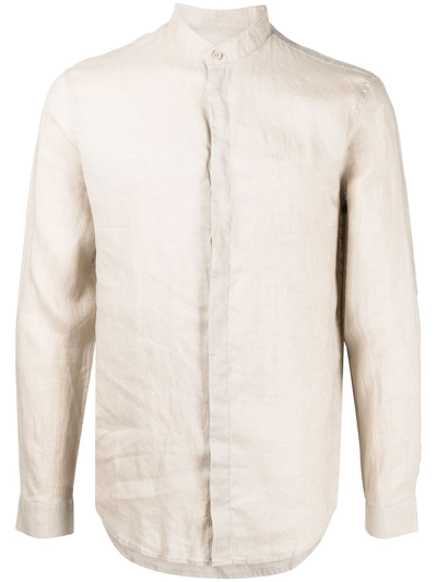 Shop Armani Exchange Band-collar Linen Shirt In Neutrals