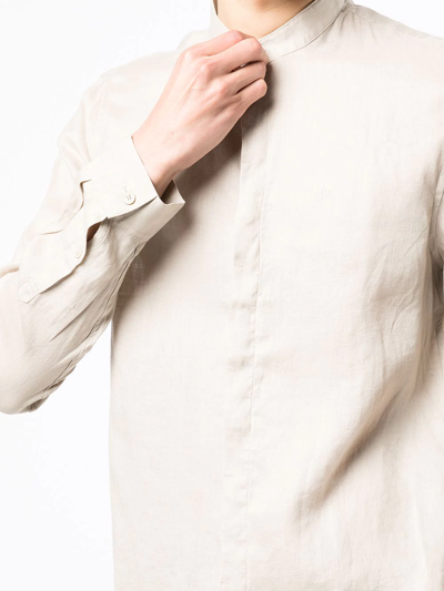 Shop Armani Exchange Band-collar Linen Shirt In Neutrals