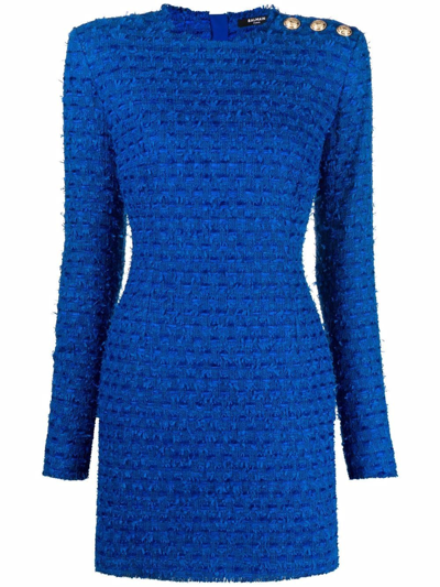 Balmain Buttoned-shoulder Tweed Mini Dress In Blue