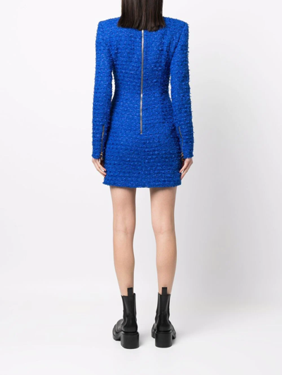 Balmain Buttoned-shoulder Tweed Mini Dress In Blue