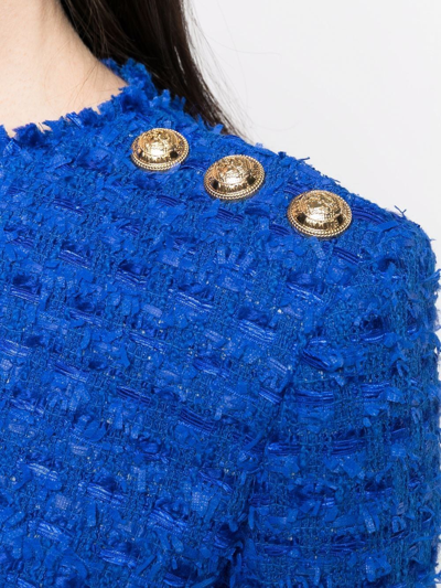Balmain Buttoned-shoulder Tweed Mini Dress In Blue