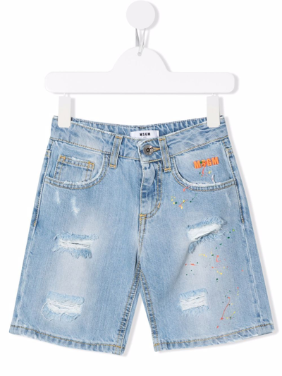 Shop Msgm Distressed-effect Knee-length Denim Shorts In Blue