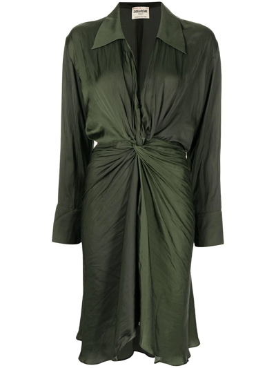 Shop Zadig & Voltaire Twist-front V-neck Satin Shirt Dress In Green