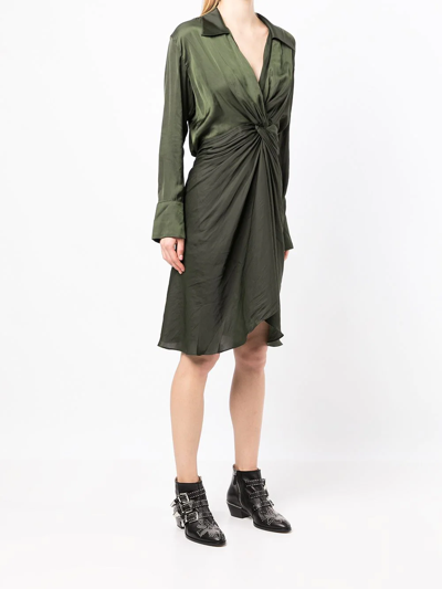 Shop Zadig & Voltaire Twist-front V-neck Satin Shirt Dress In Green
