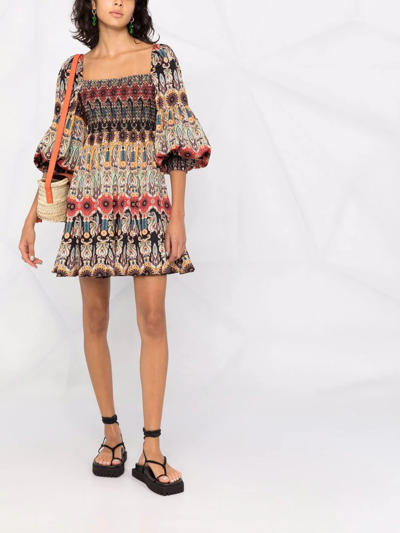Alice And Olivia Julissa Multi Color Puff Sleeve Square Neck Smock Mini Dress In Orange
