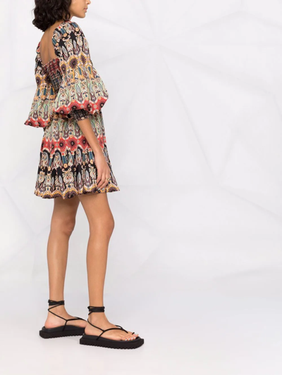 Alice And Olivia Julissa Multi Color Puff Sleeve Square Neck Smock Mini Dress In Orange