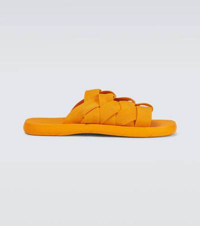 Shop Bottega Veneta Plat Mules Intreccio Elastic Sandals In Tangerine
