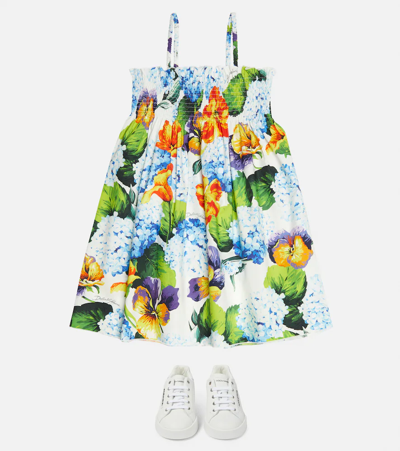 Shop Dolce & Gabbana Floral Printed Shirred Cotton Dress In Ortensie/violette Fd