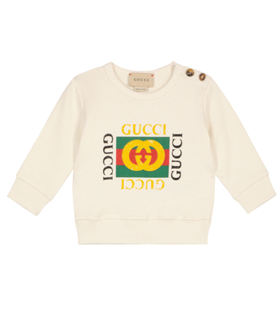 Shop Gucci Baby Logo Cotton Sweater In White/green/red