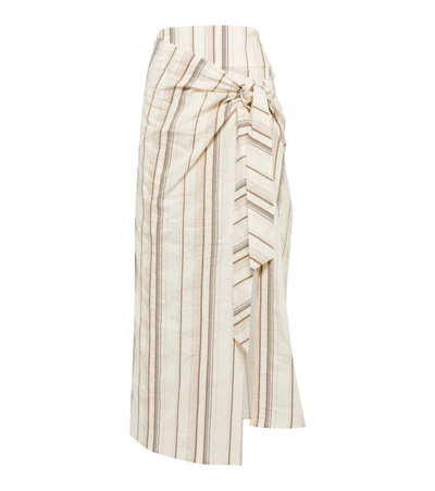 Brunello Cucinelli Striped Knot-front Cotton-linen Midi Skirt In Seashell/feather/tabacco