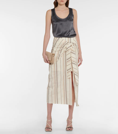 Brunello Cucinelli Striped Knot-front Cotton-linen Midi Skirt In Seashell/feather/tabacco
