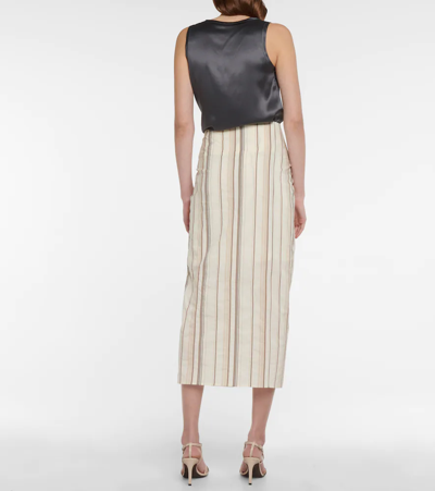 Brunello Cucinelli Striped Knot-front Cotton-linen Midi Skirt In Seashell/feather/tabacco