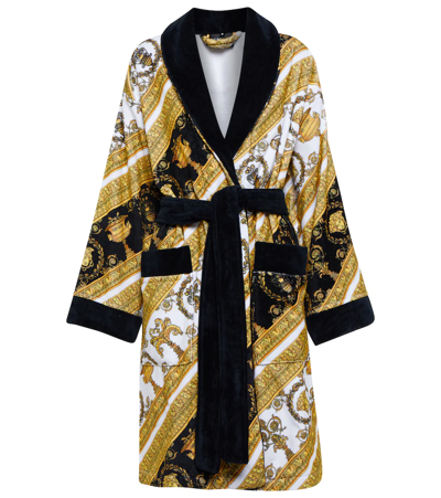 Shop Versace Barocco Printed Cotton Bathrobe In Bianco-oro-nero