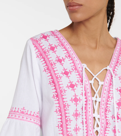 Shop Melissa Odabash Martina Cotton And Linen Embroidered Minidress In White/hot Pink