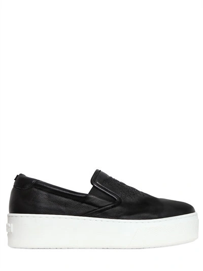 Kenzo 40mm Leather Slip-on Platform Sneakers, Black In Noir|bianco