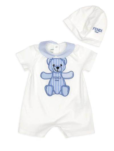 Shop Fendi Baby's Short-sleeve Romper & Beanie Hat In White Blue