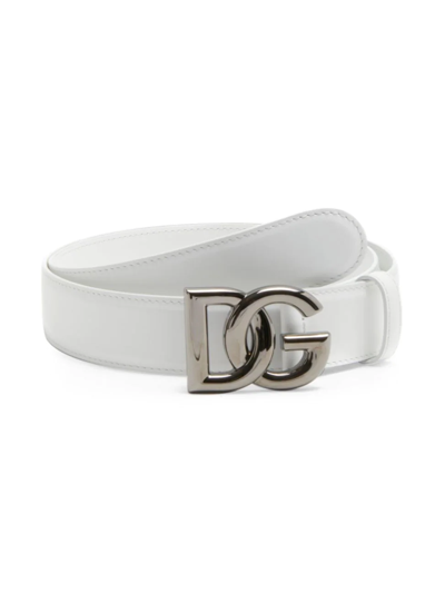 Shop Dolce & Gabbana Men's Interlock Logo Buckle Belt In Bianco Ottico