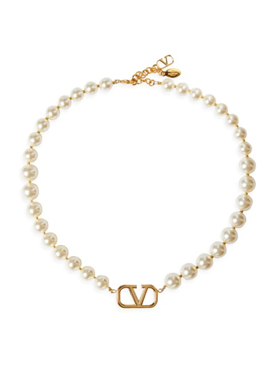Shop Valentino Vlogo Goldtone & Faux Pearl Necklace In White