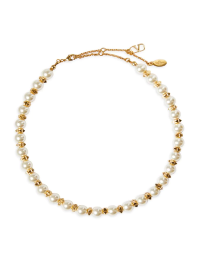 Shop Valentino Women's Vlogo Goldtone & Faux Pearl Necklace In White