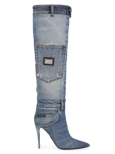 Shop Dolce & Gabbana Women's Cardinale Denim Patchwork Boots In Blue