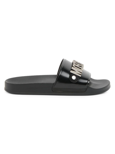 Moschino Men's Pool Slide Sandals W/ Metal In Black | ModeSens