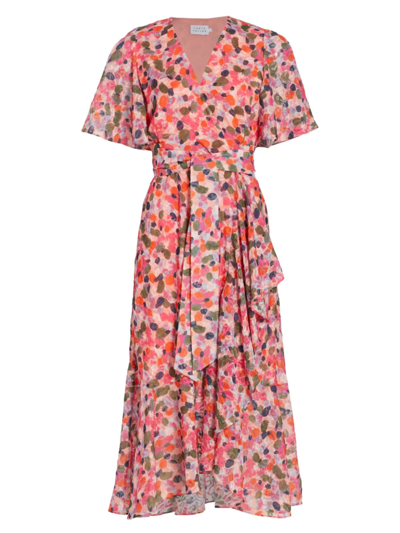 Shop Tanya Taylor Blaire Belted Wrap Midi-dress In Papaya Multi