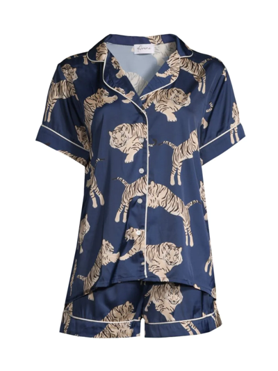 Shop Averie Sleep Tiger-print Satin Pajama Set In Navy Blue