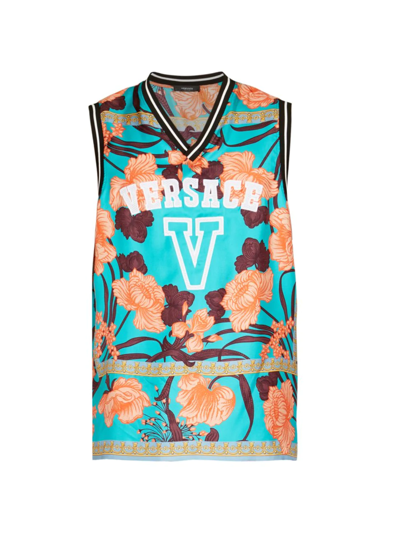 Shop Versace Men's Art Deco Floral Silk Tank Top In Turquoise Print