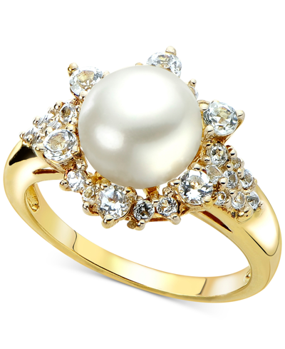 Macy's Cultured Freshwater Pearl (8mm) & White Topaz (7/8 Ct. T.w.) Ring In 14k Gold-plated Sterling Silver In Gold Over Silver