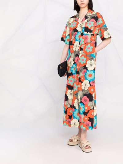 La Doublej Bowling Floral-print Cotton-blend Poplin Shirt Dress In Orange