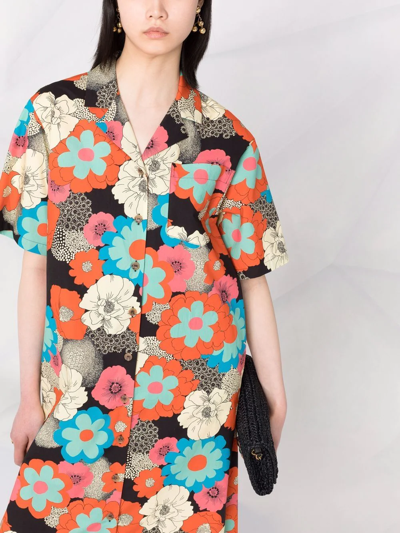 La Doublej Bowling Floral-print Cotton-blend Poplin Shirt Dress In Orange