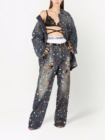 Dolce & Gabbana Crystal-embellished Oversized Denim Jacket In Blau