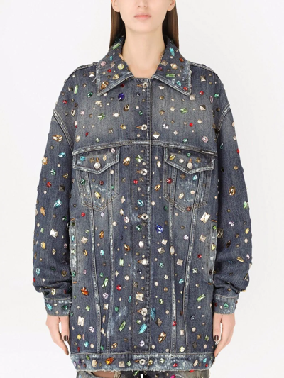 Shop Dolce & Gabbana Rhinestone-embellished Denim Jacket In Blau