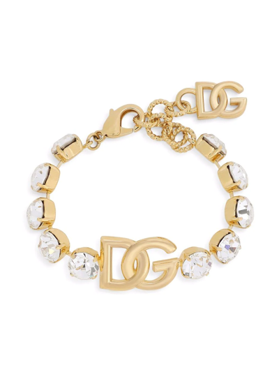 Shop Dolce & Gabbana Logo-plaque Crystal-embellished Bracelet In Gold