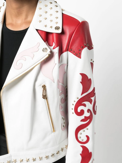 Philipp Plein Cowboy Intarsia Leather Jacket In Weiss