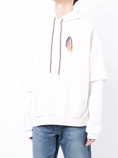Shop Marcelo Burlon County Of Milan Feather Embroidery Layered-sleeve Hoodie In Nude