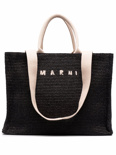 Shop Marni Logo-embroidered Raffia Tote Bag In Schwarz