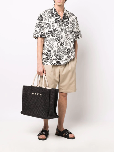 Marni Rectangular Tote Bag With Woven Texture And 2 Handles In Schwarz