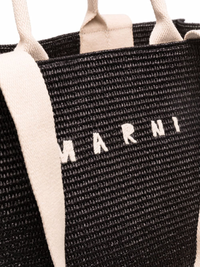 Shop Marni Logo-embroidered Raffia Tote Bag In Schwarz