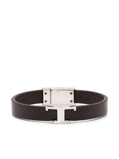 Shop Tod's Logo-plaque Leather Bracelet In Braun