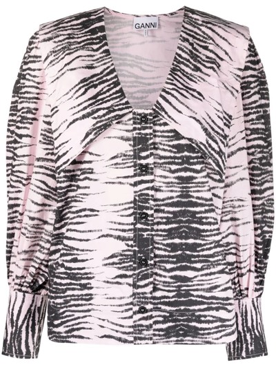 Shop Ganni Stripe Print V-neck Shirt In Pink