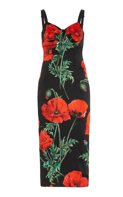 Shop Dolce & Gabbana Women's Poppy-print Satin Midi Dress In Black