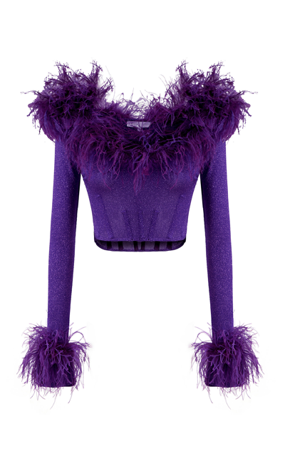 Shop Raisa Vanessa Feather-trimmed Glittered Knit Corset Top In Purple,gold